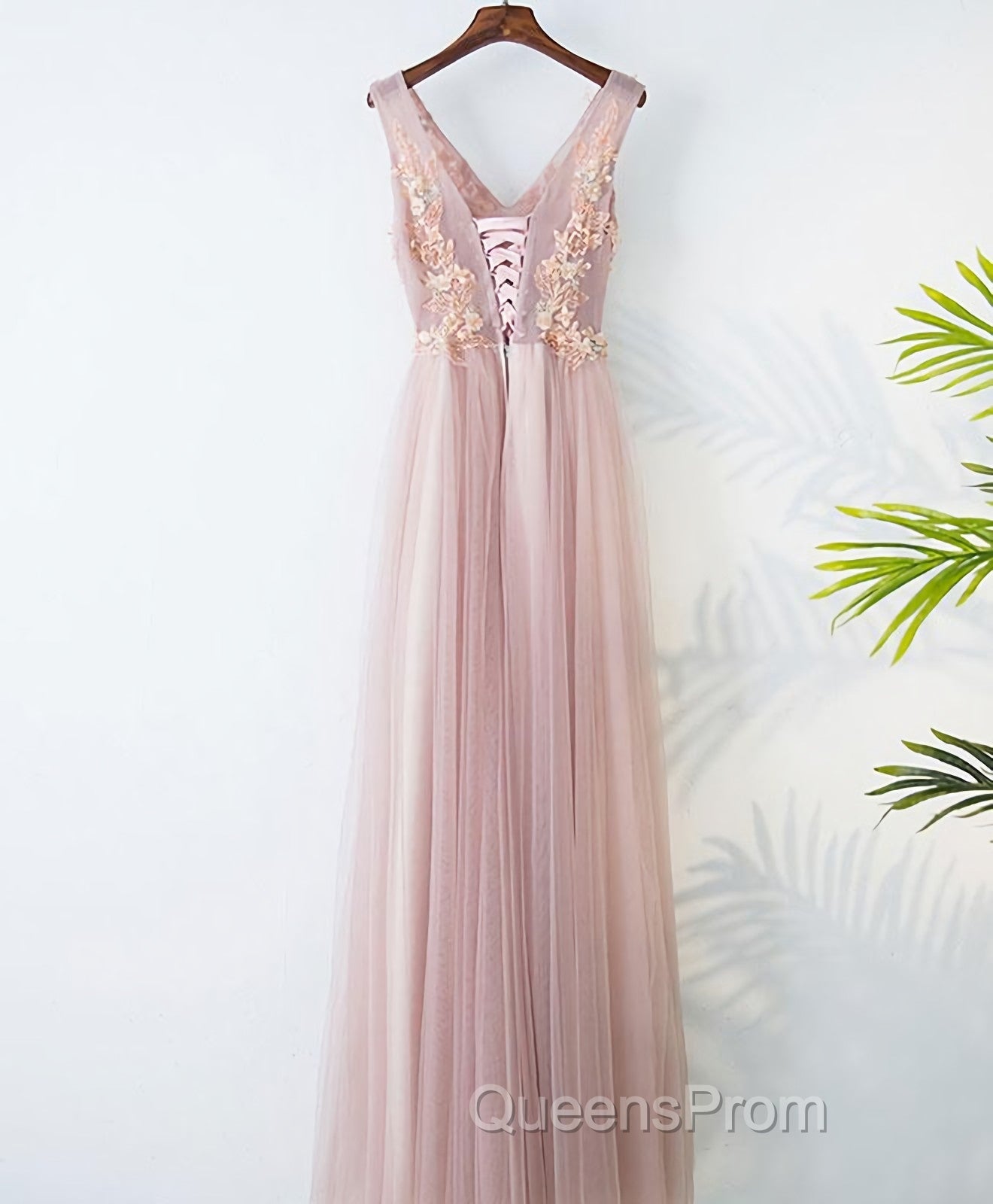 Pink V Neck Lace Long Evening Prom Dress, Cheap Evening Dress