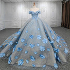 Quinceanera Blue  Off-the-Shoulder  Ball Gown Flower Dress