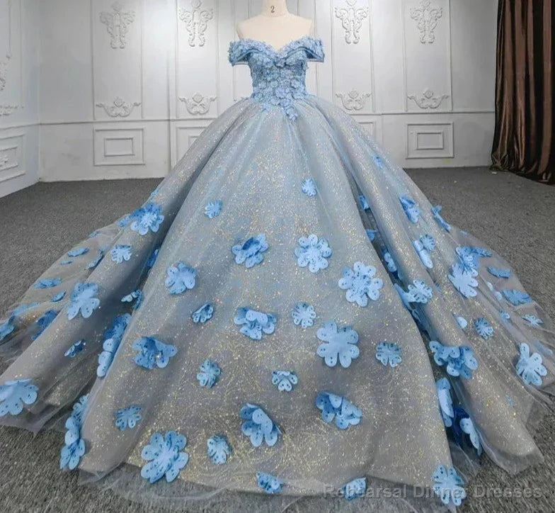 Quinceanera Blue  Off-the-Shoulder  Ball Gown Flower Dress Main image