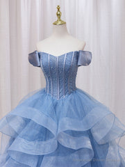 Quinceanera Dress A-Line Blue Tulle Long Prom Dress Blue Sweet Dress