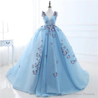 Quinceanera Dress Blue Butterfly Flowers Lace Up Ball Gowns Long Prom Dresses