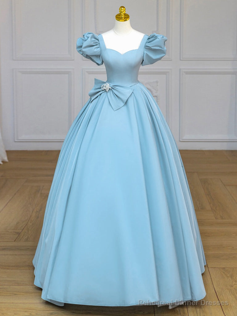 Quinceanera Dress Blue Satin Puff Sleeves Long Prom Gown Blue Long Sweet Dress Main image