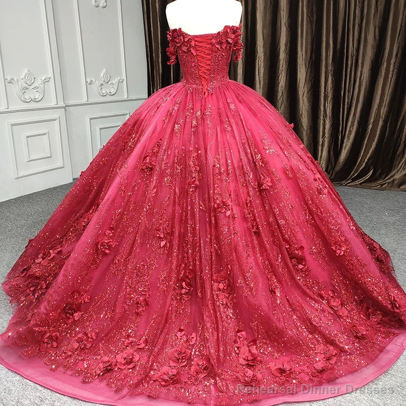 Quinceanera Dress Exquisite Red Pearls Sleeveless Quinceanera Dresses 3D Appliques Party Dresses