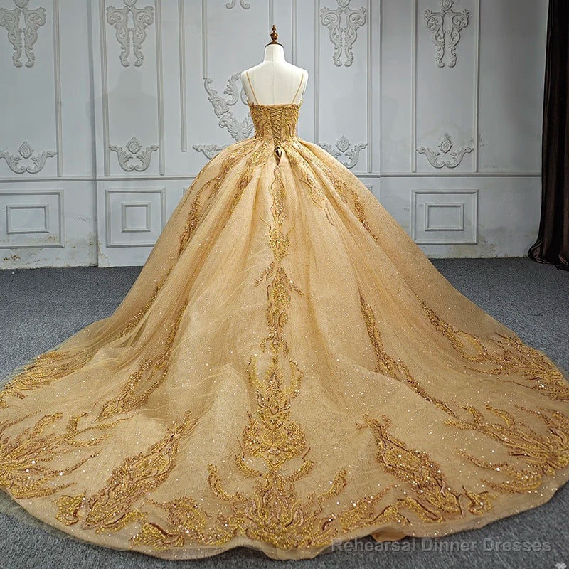 Quinceanera Dress Gold Beading Formal Long Evening Dress Spaghetti Straps Ball Gown
