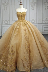 Quinceanera Dress Gold Beading Formal Long Evening Dress Spaghetti Straps Ball Gown