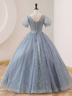Quinceanera Dress V Neck Tulle Sequin Gray Blue Long Prom Dress Gray Blue Formal Sweet Dress