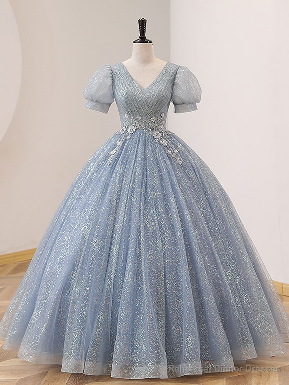 Quinceanera Dress V Neck Tulle Sequin Gray Blue Long Prom Dress Gray Blue Formal Sweet Dress Main image