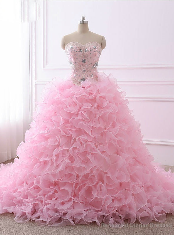 Quinceanera Dresses Ball Gown Sweetheart Organza Crystals Beaded Ruffles Pink Main image