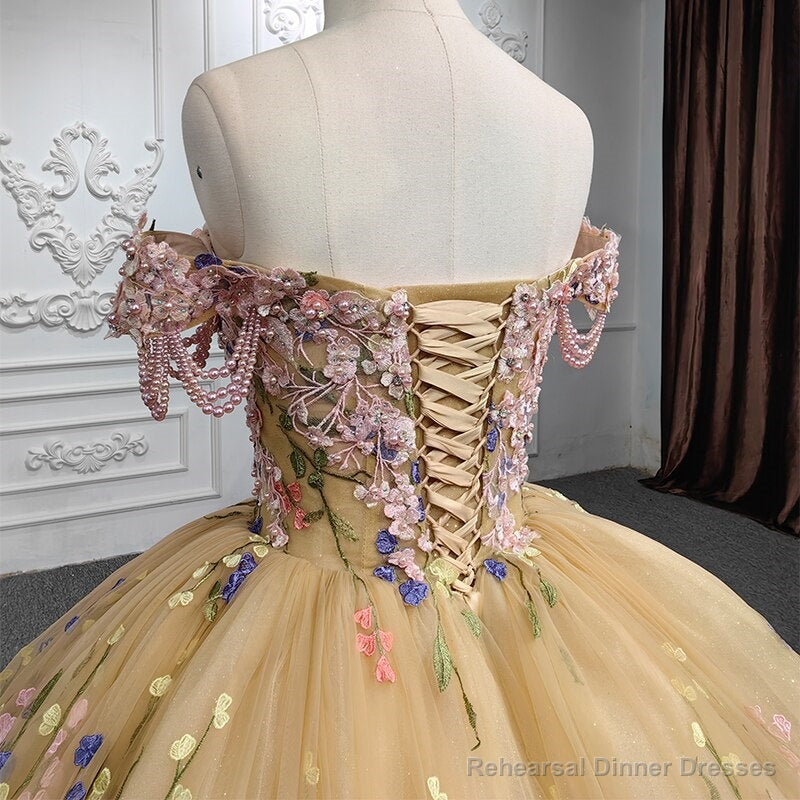 Quinceanera Flower  Off-the-Shoulder Ball Gown Dress
