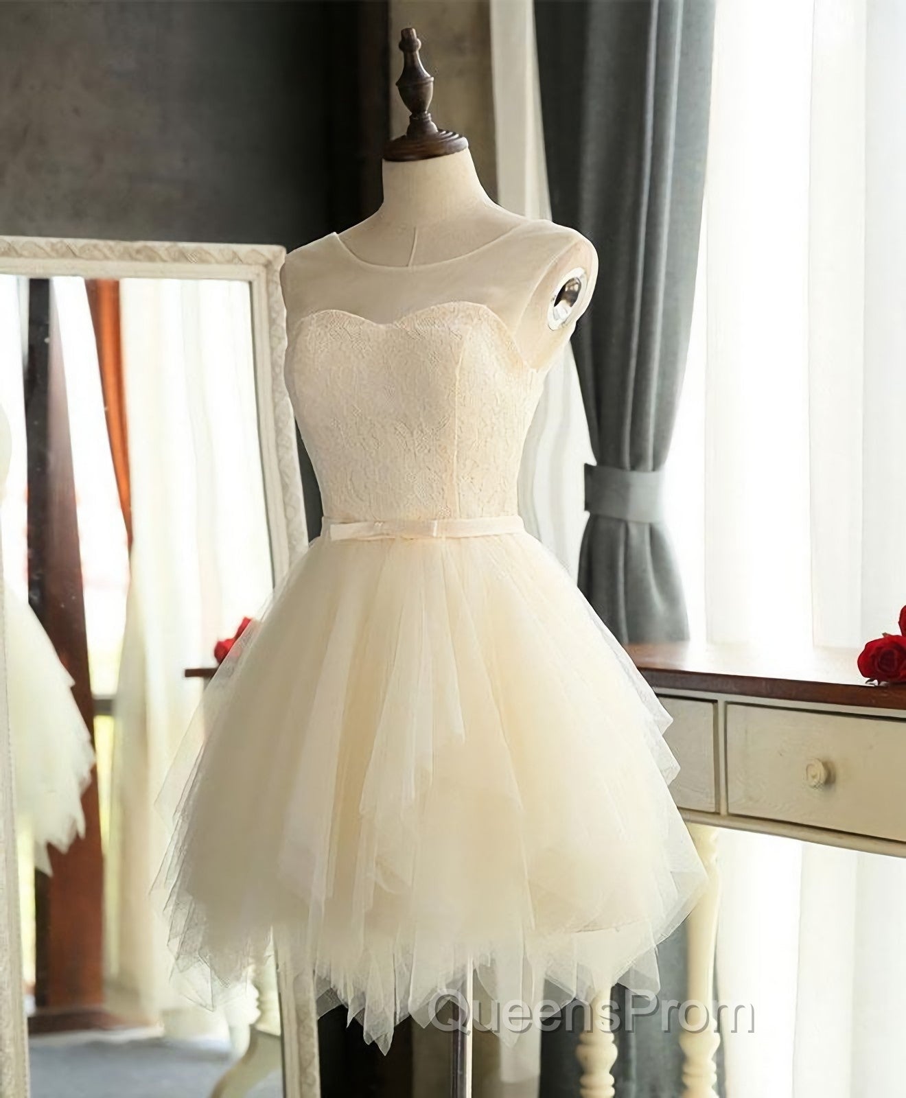 Cute A Line Tulle Round Neck Mini Evening Prom Dress, Cheap Evening Dress