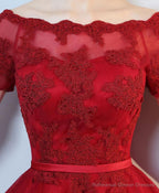 Burgundy Lace High Low Short Prom Dress, Lace Evening Dress
