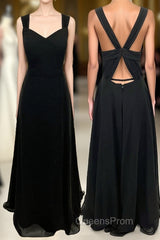 Princess Black Chiffon A-line Long Bridesmaid Dress