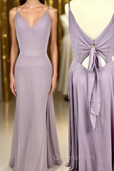 Straps Purple A-line Long Bridesmaid Dress with Tie Back