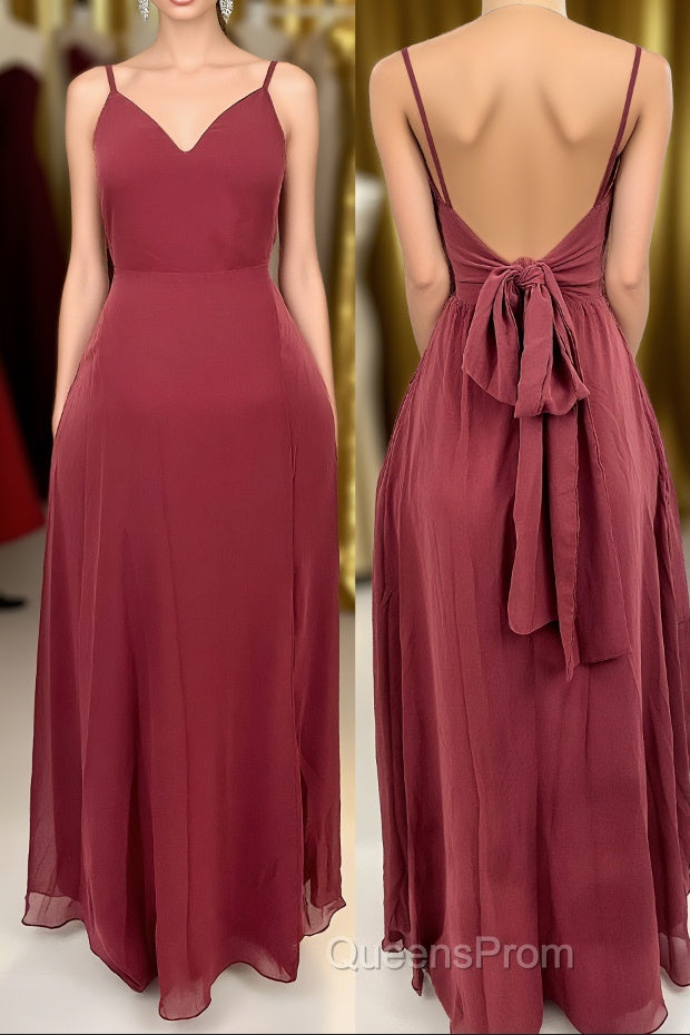 Ruffle Straps Burgundy Chiffon A-line Long Bridesmaid Dress Main image
