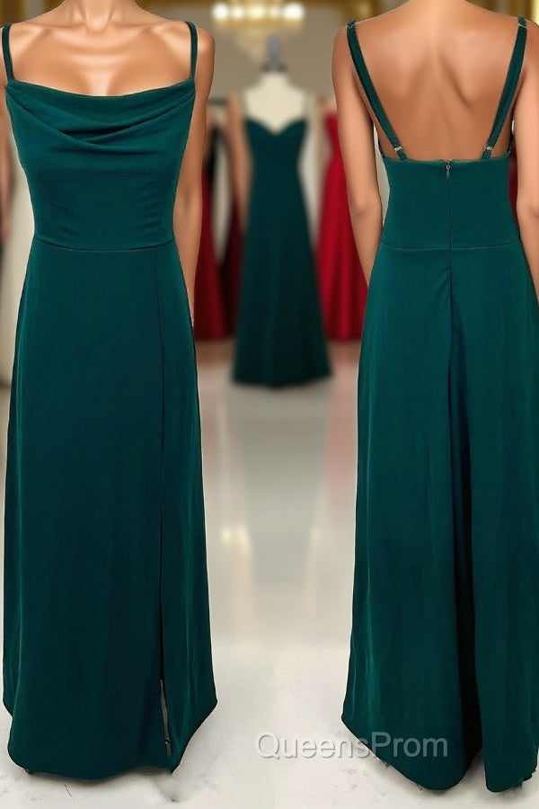Dark Green Cowl Neck Straps Chiffon Long Bridesmaid Dress Main image