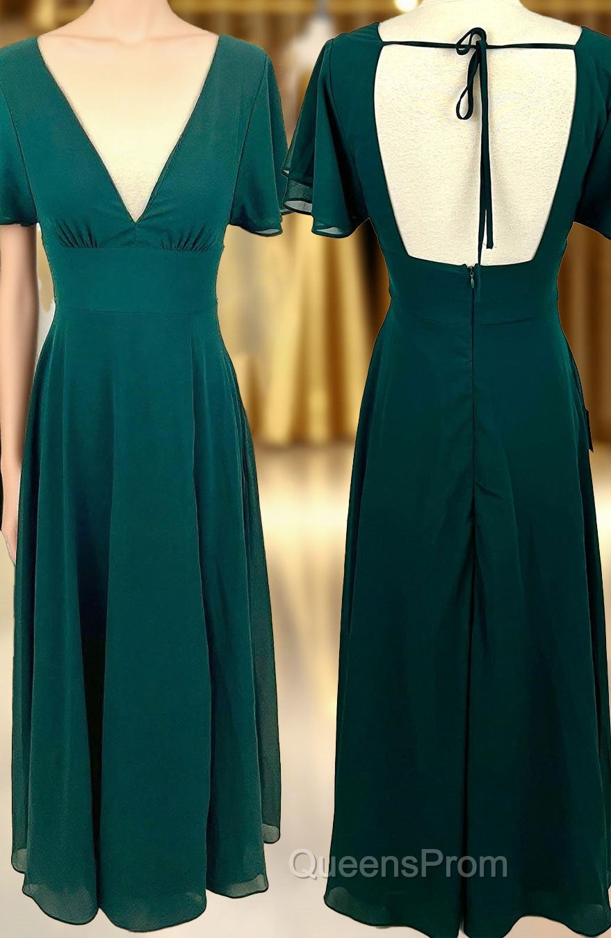 Flounce Sleeves Green Chiffon V Neck Long Bridesmaid Dress
