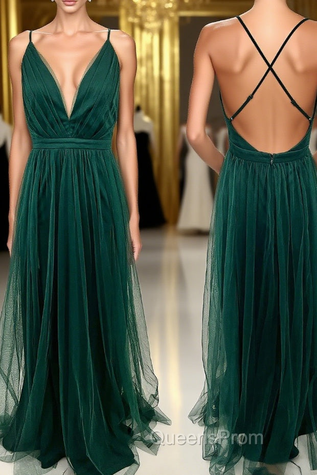 Straps Dark Green Tulle A-line Full Length Bridesmaid Dress