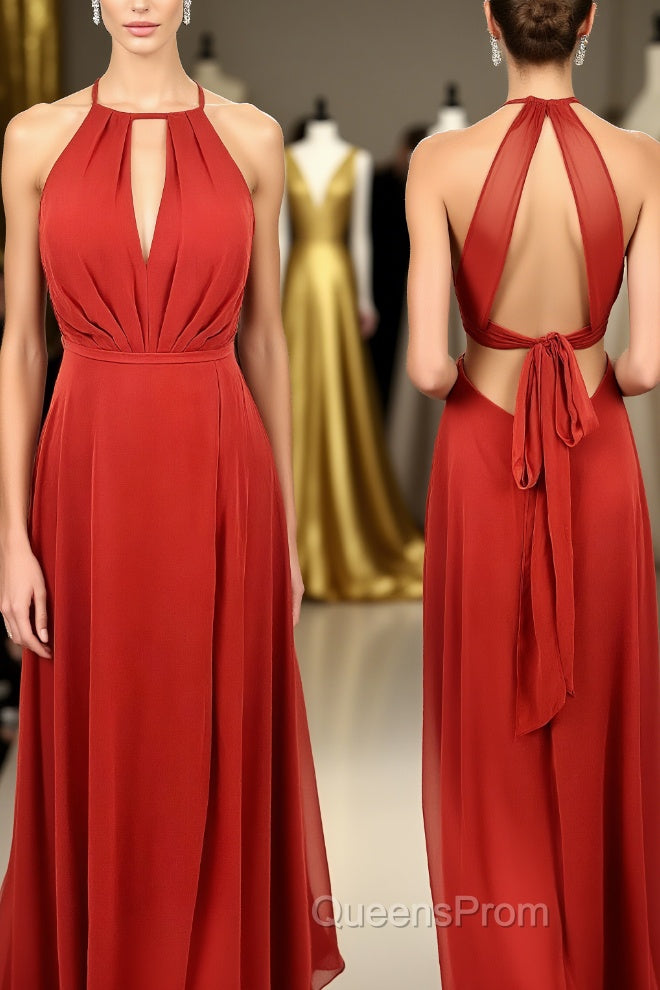 Scoop Red A-line Chiffon Long Bridesmaid Dress with Open Back Main image