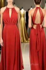 Scoop Red A-line Chiffon Long Bridesmaid Dress with Open Back