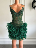 Real Luxury Black Girls Classy Occasion Birthday Party Dress Emerald Green Feather Women Short Classy Prom Dress