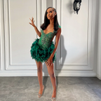Real Luxury Black Girls Classy Occasion Birthday Party Dress Emerald Green Feather Women Short Classy Prom Dress