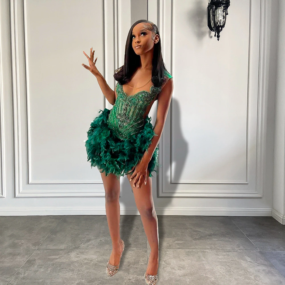 Real Luxury Black Girls Classy Occasion Birthday Party Dress Emerald Green Feather Women Short Classy Prom Dress