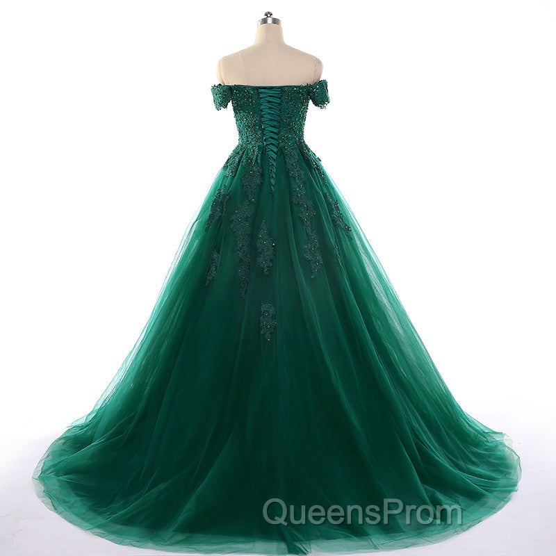 Real Off Shoulder Green Evening Prom Dress Beaded Appliques Emerald Quince Dress Secondary image