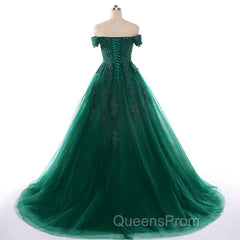 Real Off Shoulder Green Evening Prom Dress Beaded Appliques Emerald Quince Dress