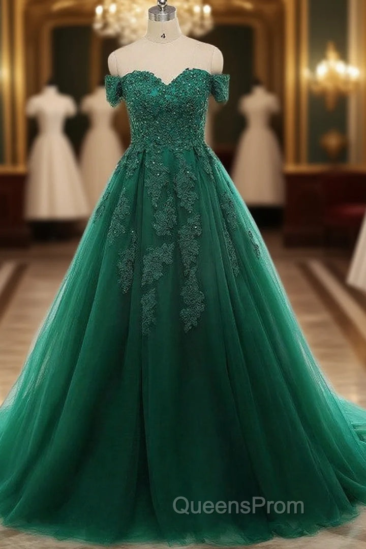 Real Off Shoulder Green Evening Prom Dress Beaded Appliques Emerald Quince Dress Main image