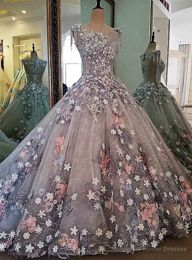 Real Photos Evening Dress Lace 3D Flowers Ball Gown Long Party Formal Dress Main image