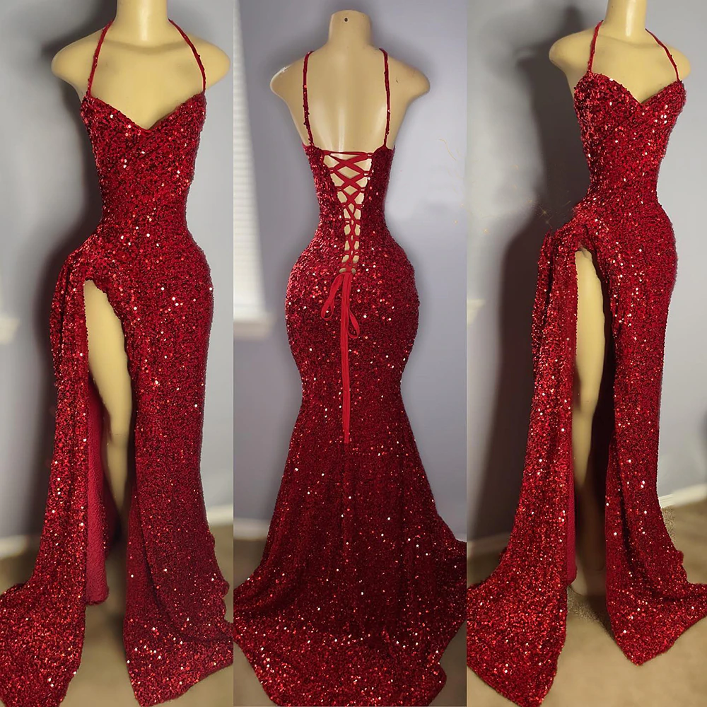 Real Sample Sexy High Slit Halter Sleeveless Sparkly Red Sequined Black Girls Long Classy Prom Dress