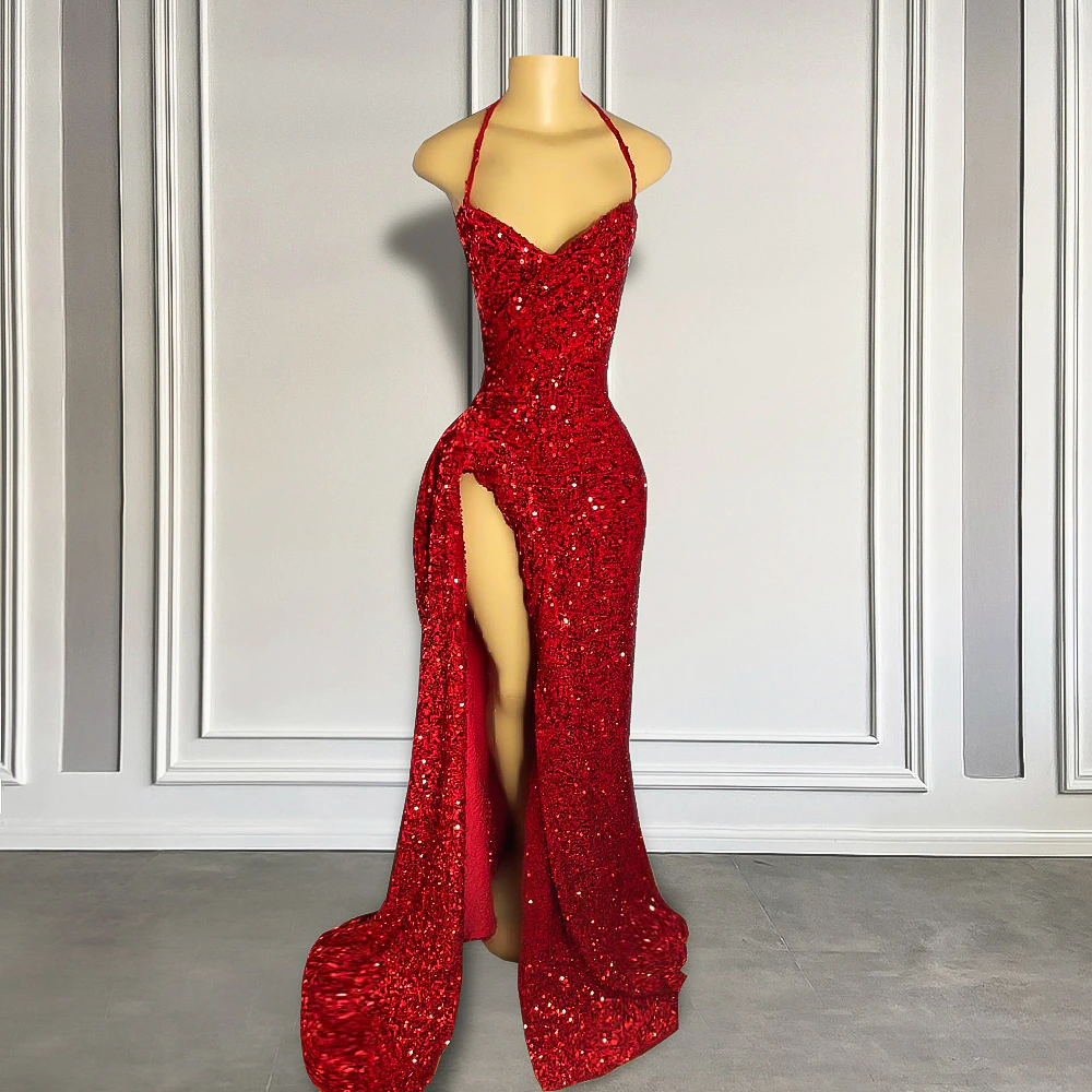 Real Sample Sexy High Slit Halter Sleeveless Sparkly Red Sequined Black Girls Long Classy Prom Dress