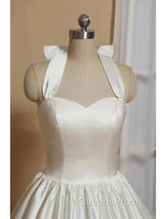 Reception Little White Dress Wedding Dress A-Line Halter Sleeveless Tea Length Satin Bridal Gowns With Bow(S) Pleats