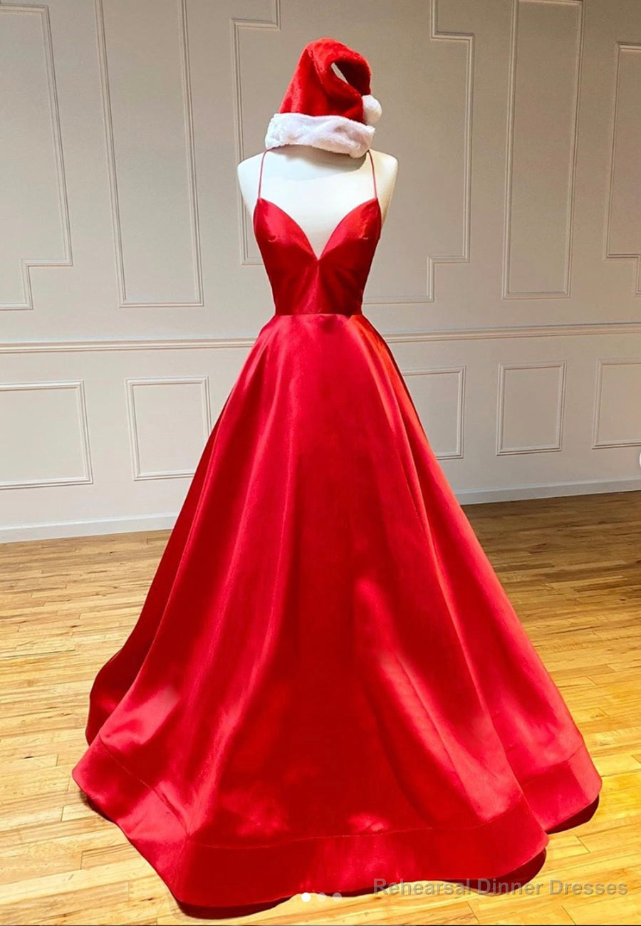 Red Satin Long Prom Dresses, Simple A-Line Evening Dresses Main image