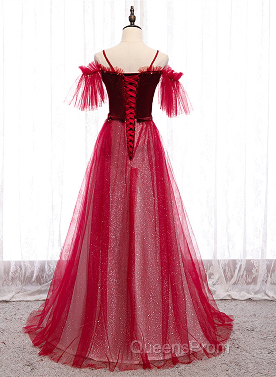 Red A-Line Floor Length Off Shoulder Long Evening Prom Dress, Red Long Evening Dress