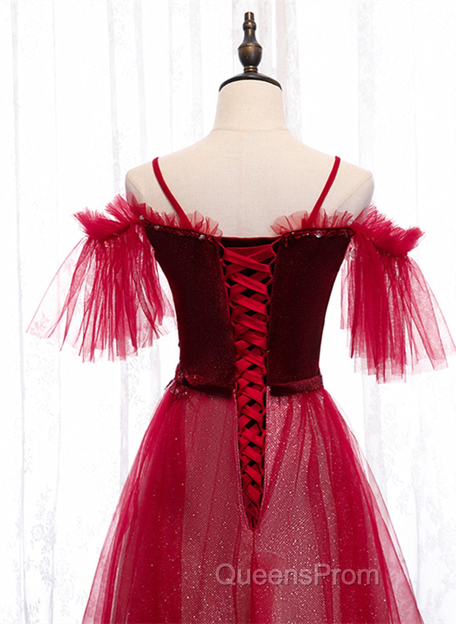 Red A-Line Floor Length Off Shoulder Long Evening Prom Dress, Red Long Evening Dress