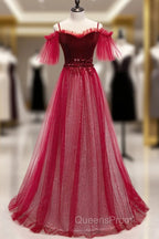Red A-Line Floor Length Off Shoulder Long Evening Prom Dress, Red Long Evening Dress