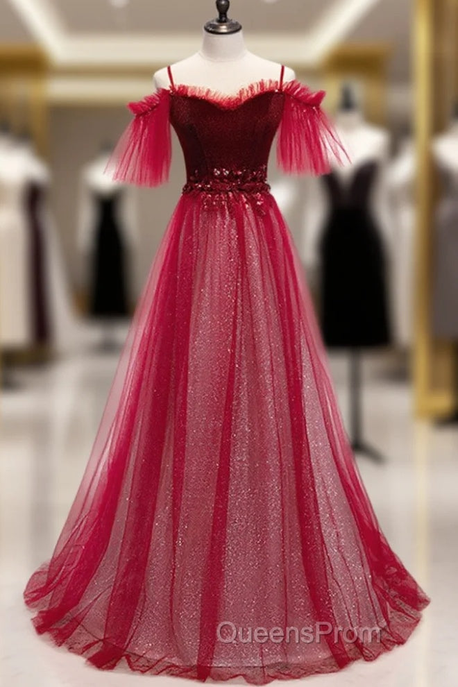 Red A-Line Floor Length Off Shoulder Long Evening Prom Dress, Red Long Evening Dress