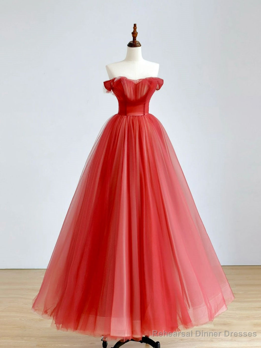 Red A-Line Long Prom Dress, Red Tulle Formal Graduation Dresses Main image