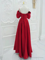 Red A-Line Off Shoulder Satin Long Prom Dress, Red Long Formal Dress