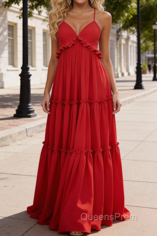 Red A-line V Neck Sleeveless Floor-Length Chiffon Prom Dress Long Prom Dresses Backless with Pleated Ruffles Secondary image