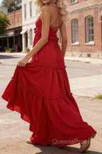 Red A-line V Neck Sleeveless Floor-Length Chiffon Prom Dress Long Prom Dresses Backless with Pleated Ruffles