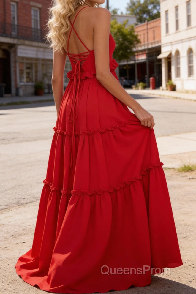 Red A-line V Neck Sleeveless Floor-Length Chiffon Prom Dress Long Prom Dresses Backless with Pleated Ruffles