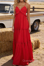 Red A-line V Neck Sleeveless Floor-Length Chiffon Prom Dress Long Prom Dresses Backless with Pleated Ruffles