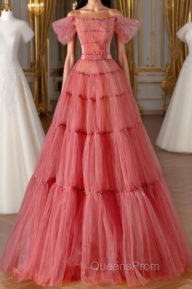 Red Aline Tulle Long Evening Prom Dress, Red Tulle Formal Graduation Dress With Beading Sequin Main image