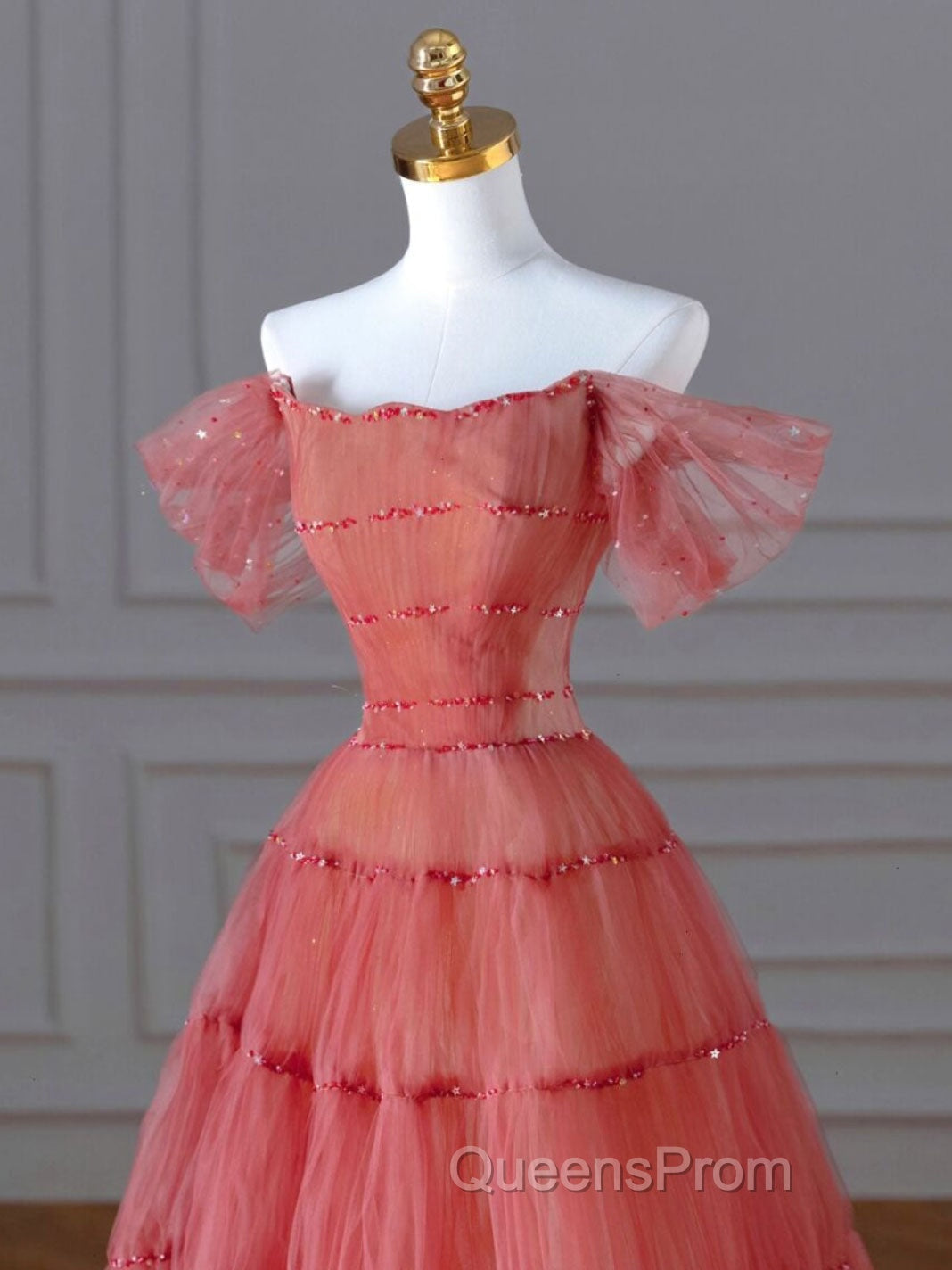 Red Aline Tulle Long Evening Prom Dress, Red Tulle Formal Graduation Dress With Beading Sequin