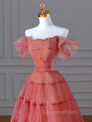 Red Aline Tulle Long Evening Prom Dress, Red Tulle Formal Graduation Dress With Beading Sequin