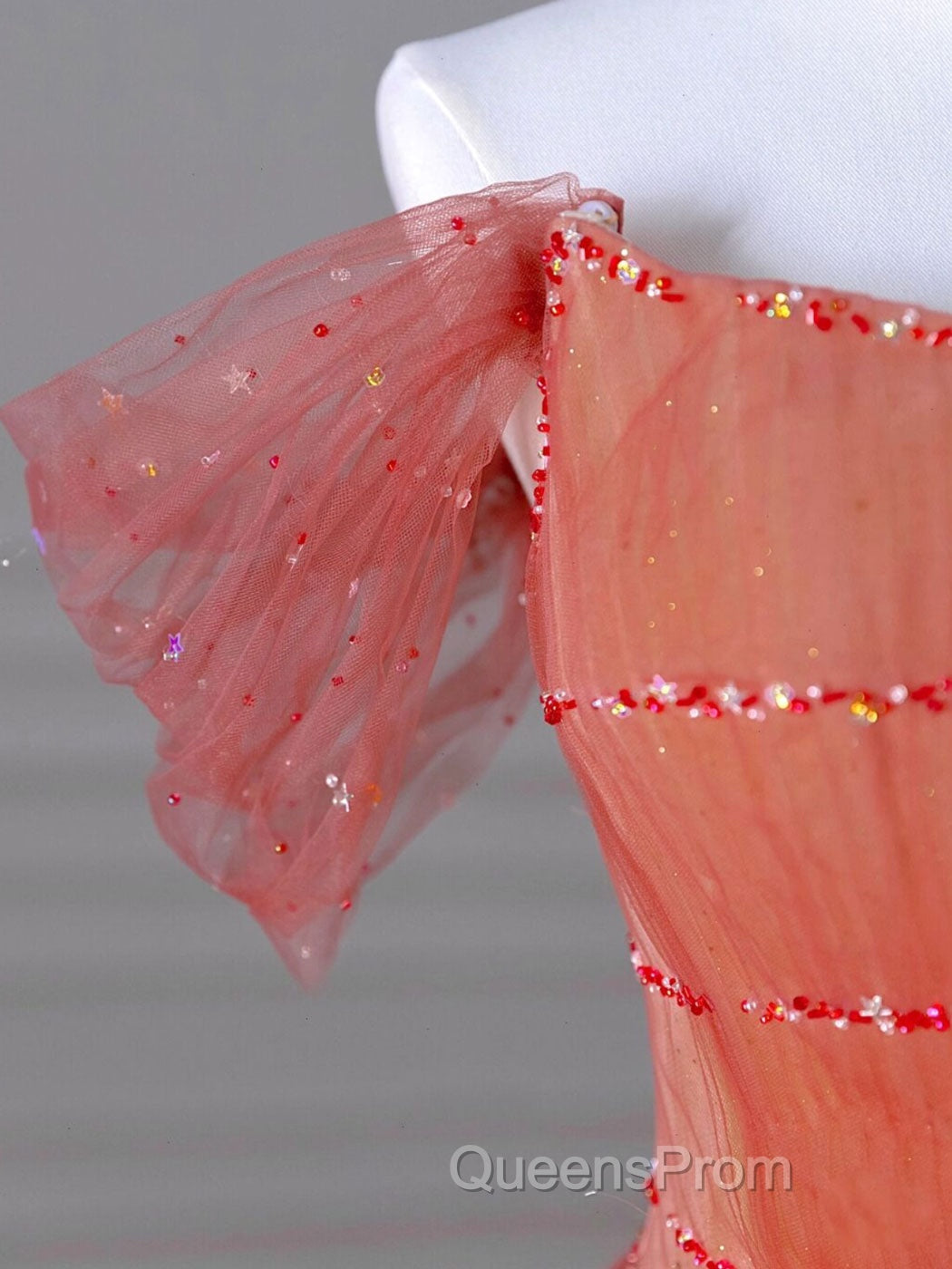 Red Aline Tulle Long Evening Prom Dress, Red Tulle Formal Graduation Dress With Beading Sequin
