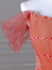 Red Aline Tulle Long Evening Prom Dress, Red Tulle Formal Graduation Dress With Beading Sequin