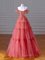 Red Aline Tulle Long Evening Prom Dress, Red Tulle Formal Graduation Dress With Beading Sequin